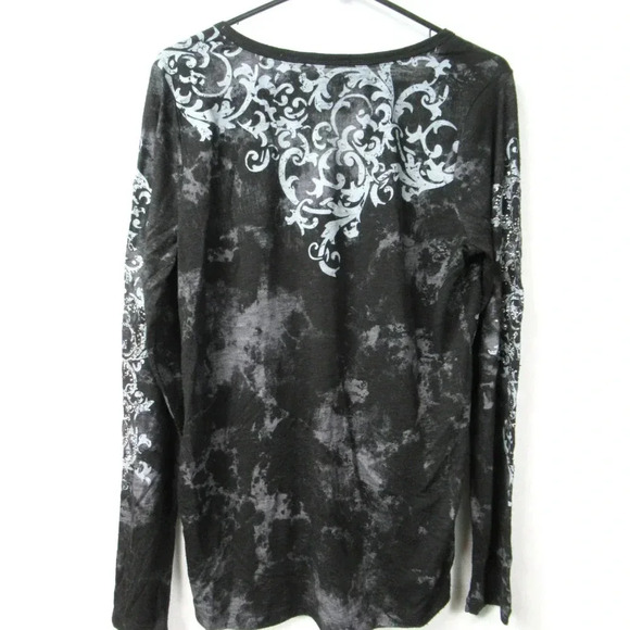 Maurices Top Burnout Tee Rhinestone Embellished Black Silver Sheer Long Sleeve - Picture 2 of 8